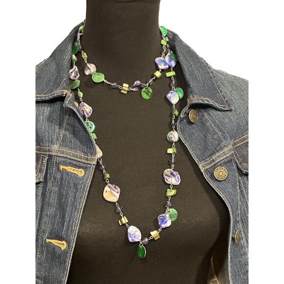 Vintage Abalone Shell Green Purple Glass Beaded Necklace Fashion Jewelry - Picture 2 of 9